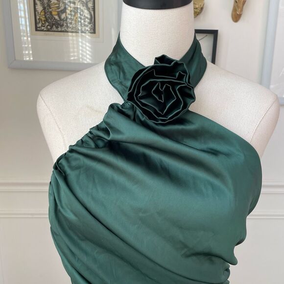 Fashion Nova When In Rome Rosette Satin Midi Dress Hunter Green L - Picture 2 of 8